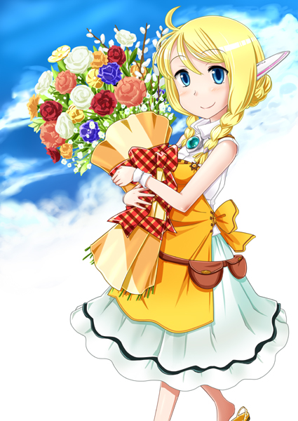 1girl ahoge apron blonde_hair blue_eyes bouquet braid fanny_pack female_focus flower hair_over_shoulder original robot_ears sky smile solo twin_braids urokozuki