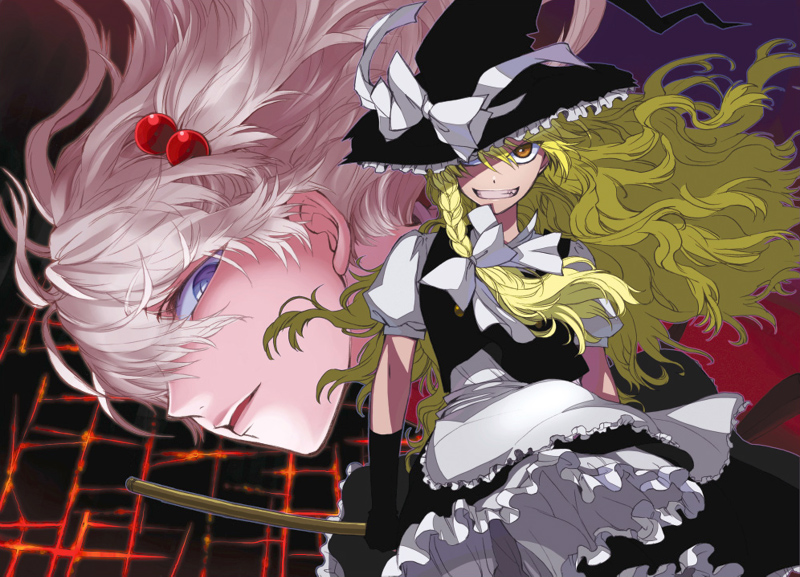 2girls album_cover apron black_gloves blonde_hair blue_eyes brown_eyes cover elbow_gloves floating_hair gloves grin hair_bobbles hair_ornament hair_over_one_eye hat hat_ribbon ishikawa_yuga kirisame_marisa long_hair messy_hair multiple_girls parted_lips ribbon shinki_(touhou) smile touhou touhou_(pc-98) waist_apron wavy_hair wind witch_hat