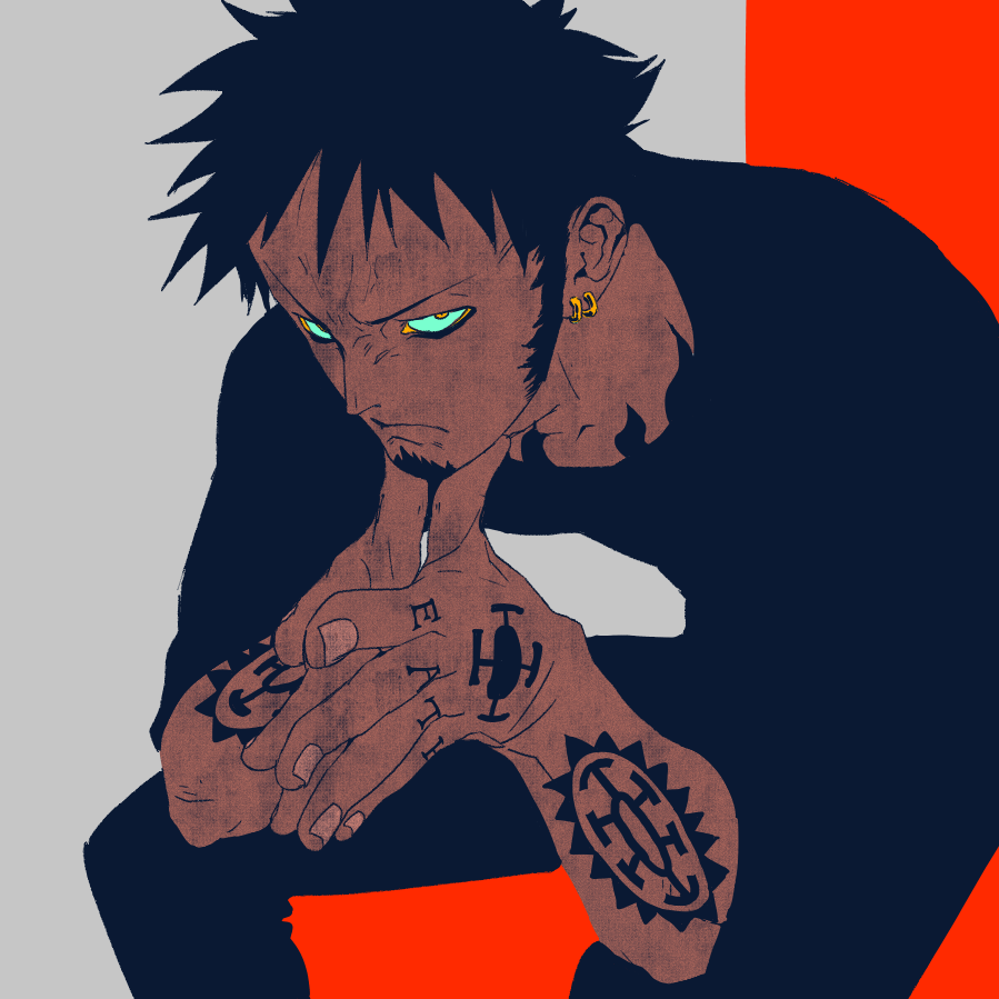 1boy alternate_costume arm_tattoo black_hair black_pants blue_eyes chest_tattoo closed_mouth commentary earrings facial_hair finger_tattoo goatee hand_tattoo hoop_earrings jewelry looking_at_viewer male_focus obobkkp one_piece pants short_hair sideburns solo tattoo trafalgar_law