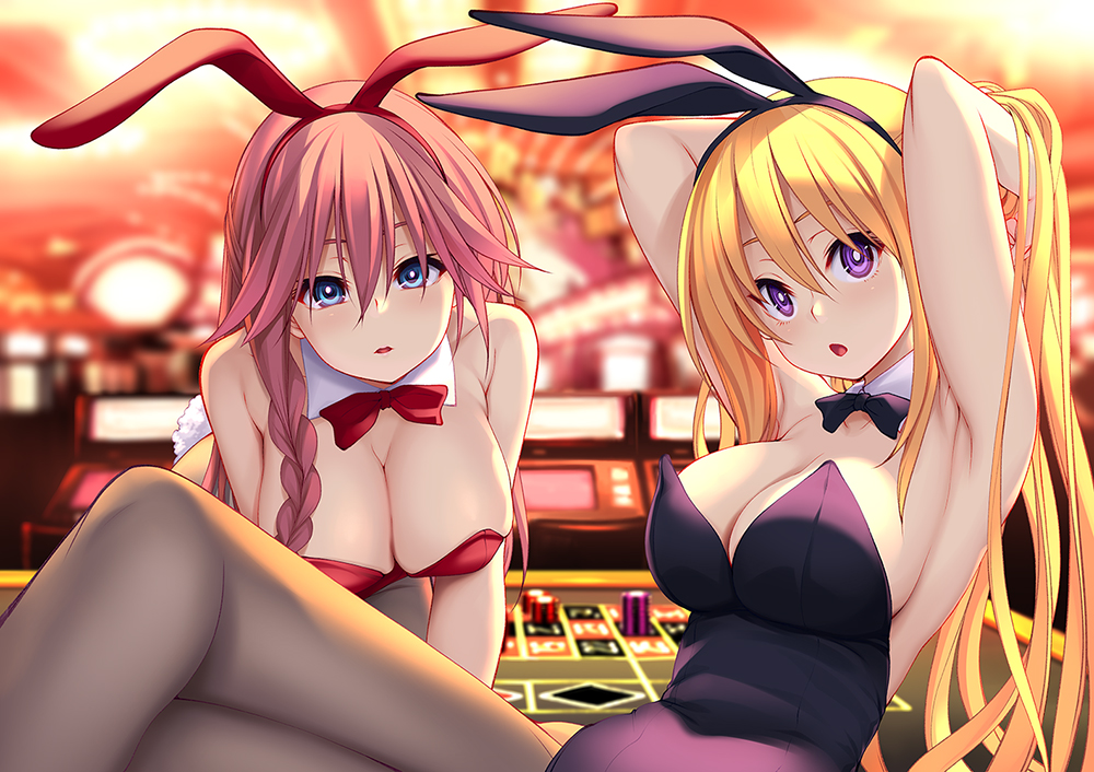 2girls adjusting_hair armpits asami_lilith blonde_hair blue_eyes bow bowtie braid breasts casino cleavage large_breasts leotard lieselotte_sherlock looking_at_viewer multiple_girls nao_akinari official_art open_mouth pink_hair poker_chip purple_eyes rabbit_ears trinity_seven