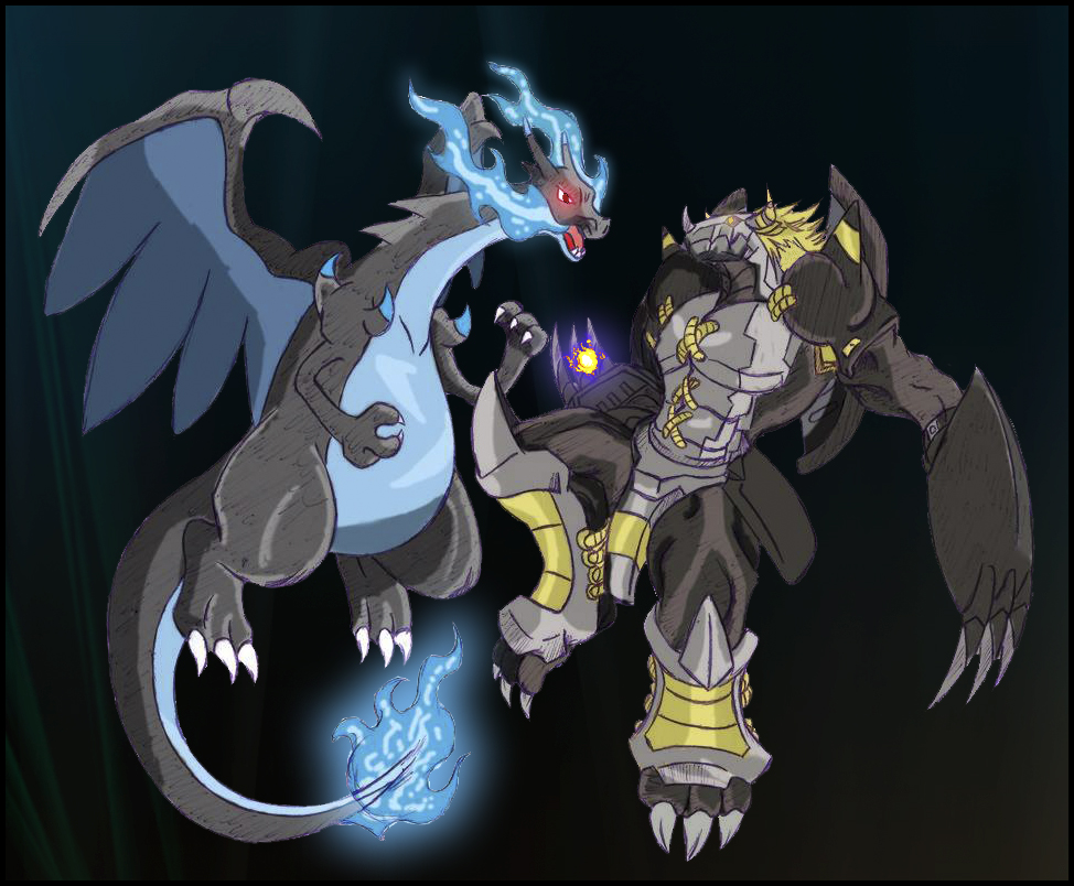 blackwargreymon charizard creatures_(company) crossover digimon digimon_(creature) epic flame-tipped_tail game_freak gen_1_pokemon mega_charizard_x mega_pokemon nintendo no_humans pokemon pokemon_(creature)