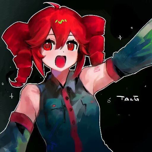 1girl ahoge armpit_crease armpits bare_shoulders black_background black_sleeves breast_pocket buttons collared_shirt detached_sleeves drill_hair hair_between_eyes kasane_teto open_mouth pocket red_eyes red_hair shirt simple_background solo tanglaoban1225 twin_drills utau wing_collar