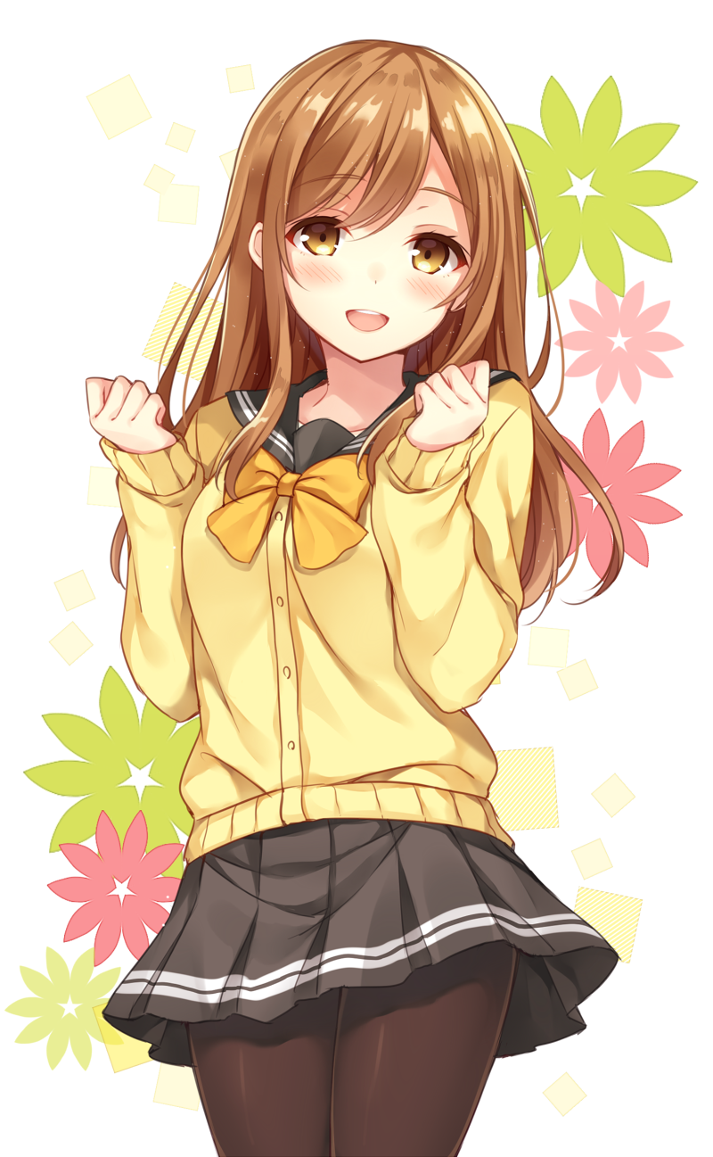 10s 1girl bad_id bad_pixiv_id black_pantyhose blush bow brown_eyes brown_hair cardigan clenched_hand female_focus forearms_at_chest hand_in_own_hair highres kunikida_hanamaru long_hair long_sleeves love_live! love_live!_sunshine!! pantyhose pleated_skirt school_uniform serafuku shiromikan simple_background skirt smile solo yellow_bow