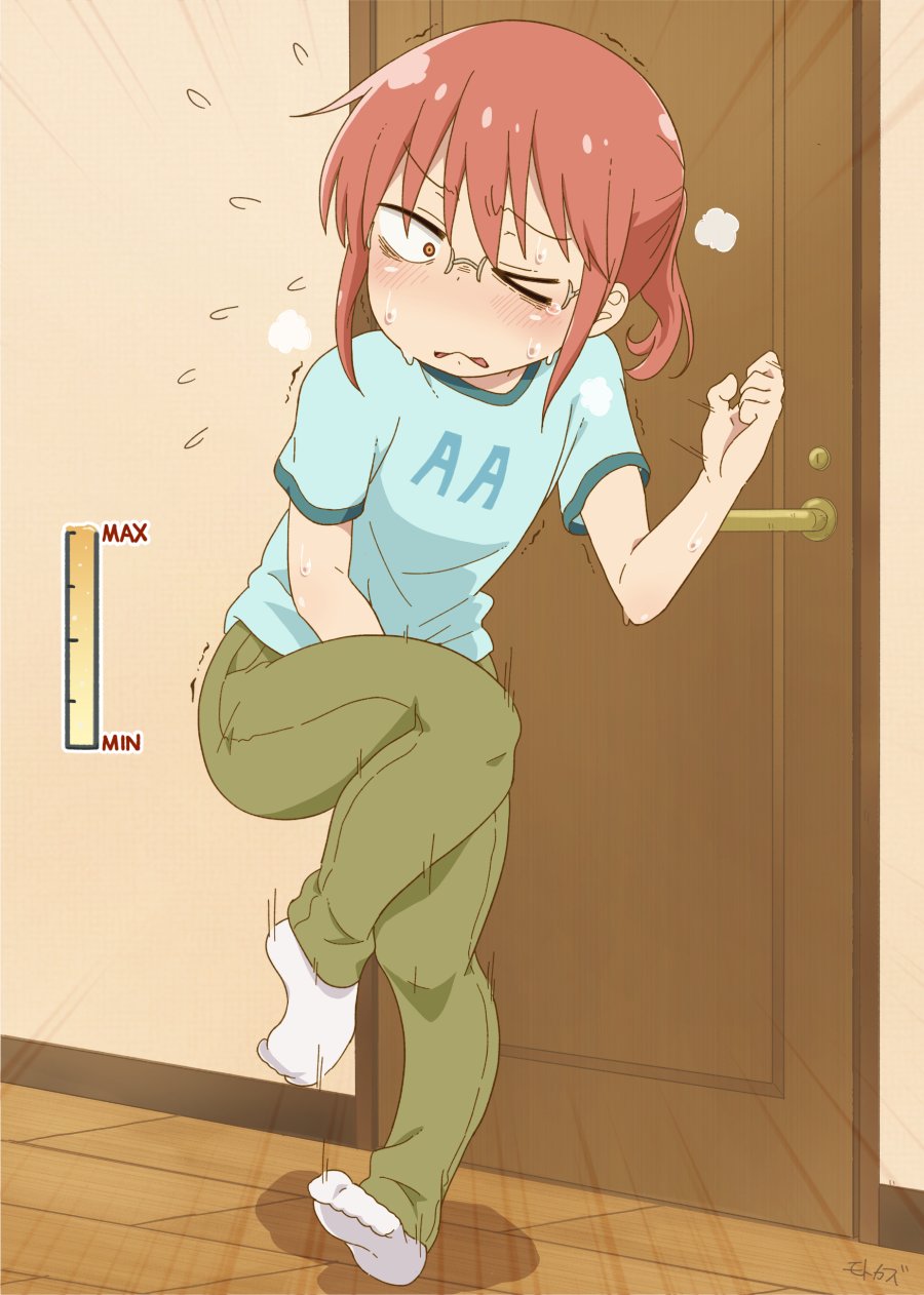 1girl artist_name between_legs blue_shirt blush brown_eyes crossed_legs door emphasis_lines female_focus full_body glasses green_pants hand_between_legs have_to_pee highres knocking kobayashi-san_chi_no_maidragon kobayashi_(maidragon) motokazu_(dontokodon) one_eye_closed one_leg_raised pants ponytail red_hair shirt short_hair short_sleeves signature socks solo sweat sweatdrop urine_meter