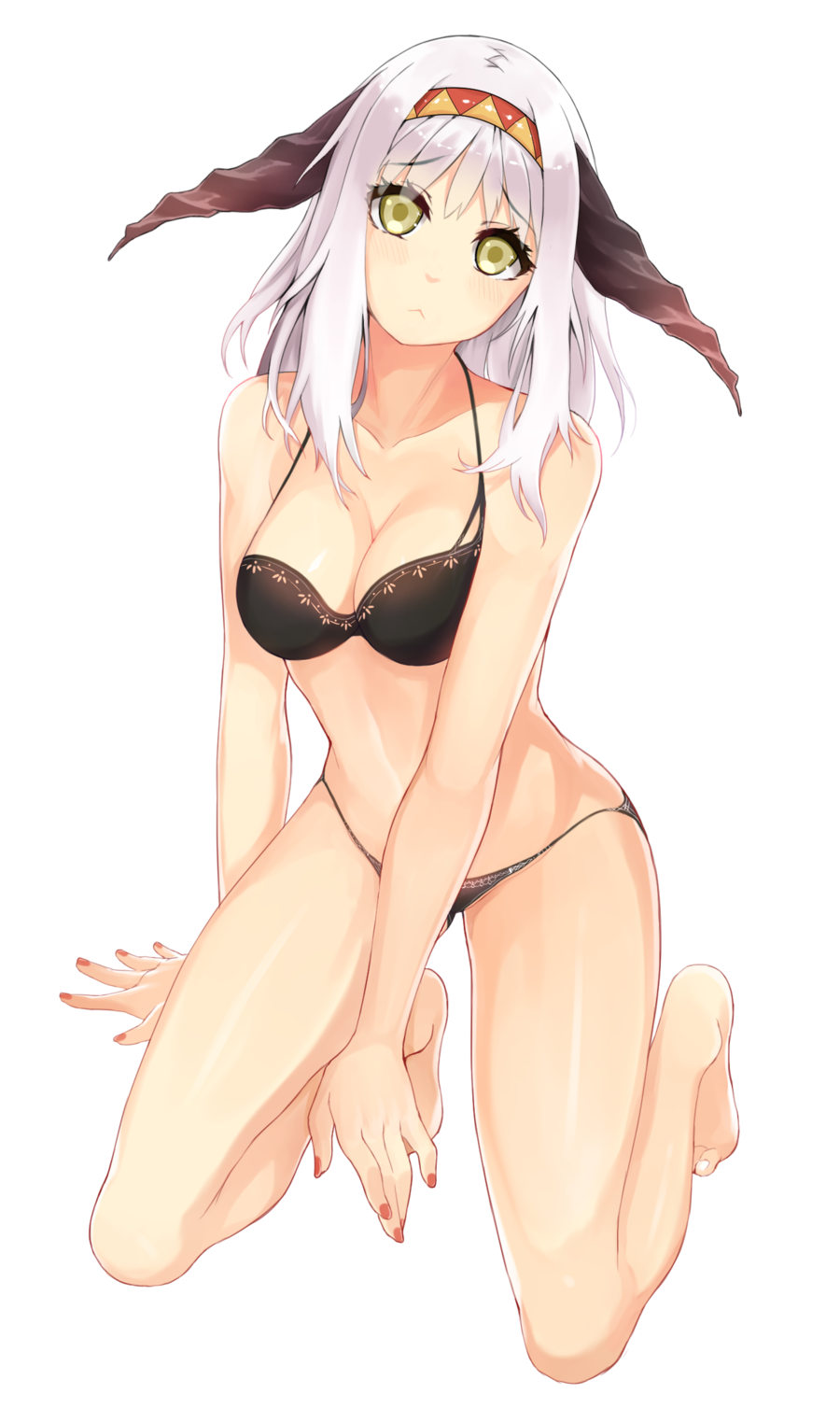 1girl :&lt; bad_deviantart_id bad_id barefoot bikini black_bikini borrowed_character breasts cecilia_(acerailgun) cleavage female_focus full_body hairband highres horns hoshi_usagi kneeling large_breasts long_hair nail_polish original red_nails solo swimsuit transparent_background white_hair witch yellow_eyes