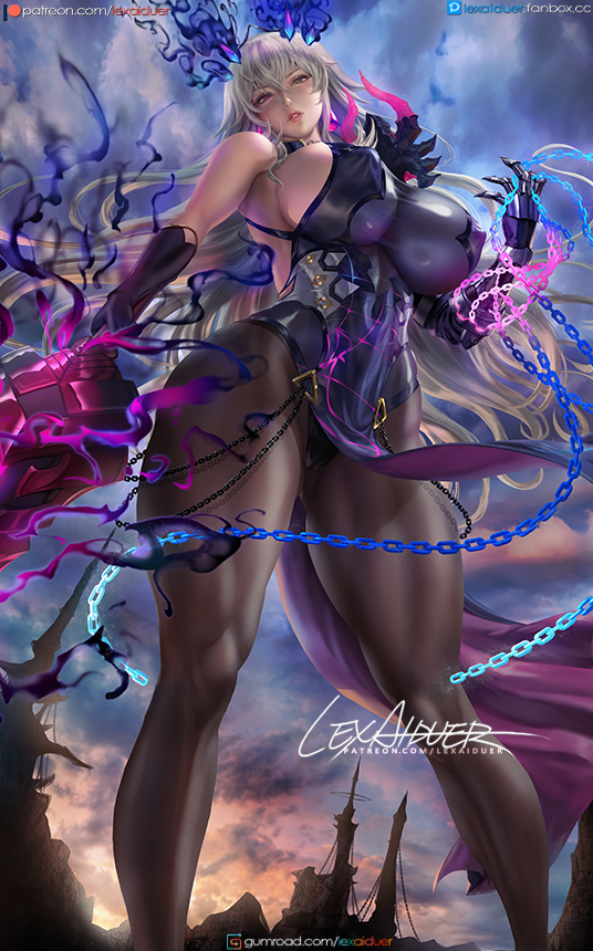 1girl abs armor bare_shoulders black_dress black_gloves blonde_hair blue_eyes blue_sky breasts brown_pantyhose chain covered_erect_nipples covered_navel dress elbow_gloves barghest_(fate) barghest_(second_ascension)_(fate) fate/grand_order fate_(series) gauntlets gloves heterochromia horns large_breasts lexaiduer long_hair looking_at_viewer muscular muscular_female pantyhose parted_lips pauldrons pelvic_curtain red_eyes shoulder_armor sideboob single_gauntlet single_pauldron sky solo sword thick_thighs thighs toned weapon