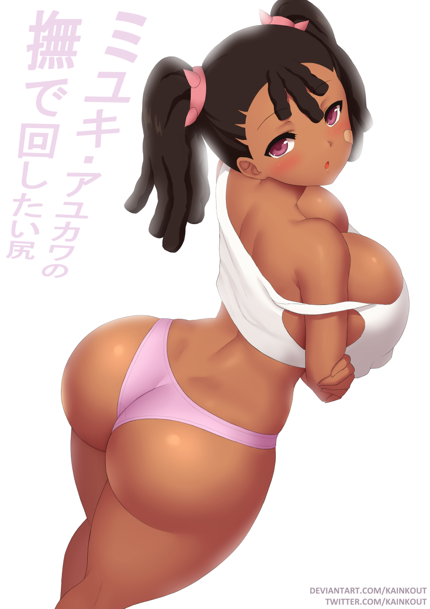 1girl :o alternate_breast_size arms_under_breasts artist_name ass ayukawa_miyuki bare_legs bare_shoulders basquash! black_hair blush breasts cleavage curvy dark-skinned_female dark_skin dreadlocks hanging_breasts highres huge_ass huge_breasts kainkout long_hair looking_at_viewer looking_back moaning navel open_mouth panties pink_eyes pink_panties simple_background tank_top thong translation_request twintails twitter_username underwear underwear_only white_background wide_hips