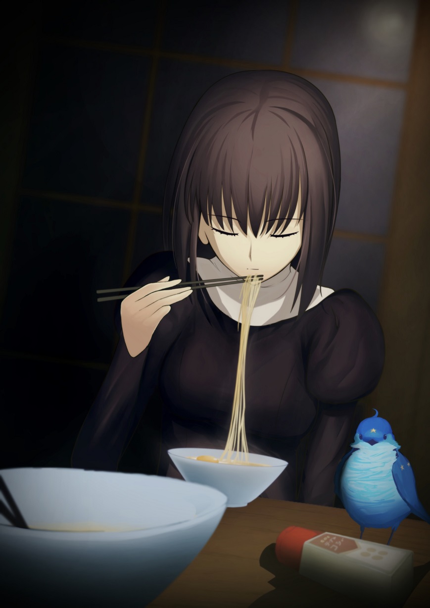 1girl bird black_dress chien0mi chopsticks closed_eyes cup_ramen dress eating highres kuonji_alice mahou_tsukai_no_yoru short_hair window