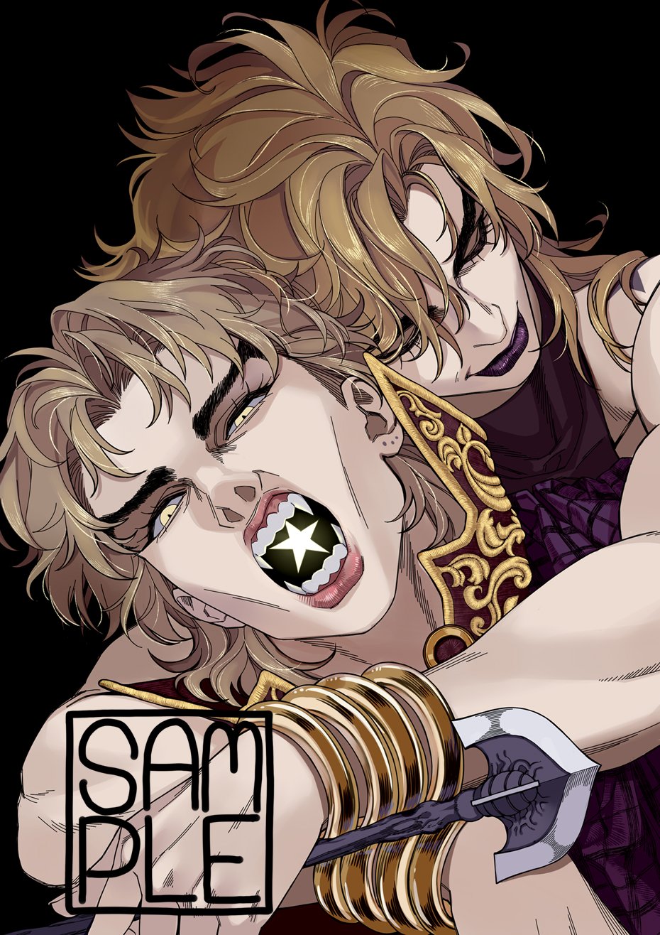 2boys arrow_(jojo) birthmark black_background blonde_hair bracelet closed_eyes dio_brando dual_persona fangs highres huang_lia hug jewelry joestar_birthmark jojo_no_kimyou_na_bouken long_hair male_focus multiple_boys muscular muscular_male open_mouth phantom_blood purple_lips sample_watermark smirk star_(symbol) stardust_crusaders teeth vampire watermark yellow_eyes