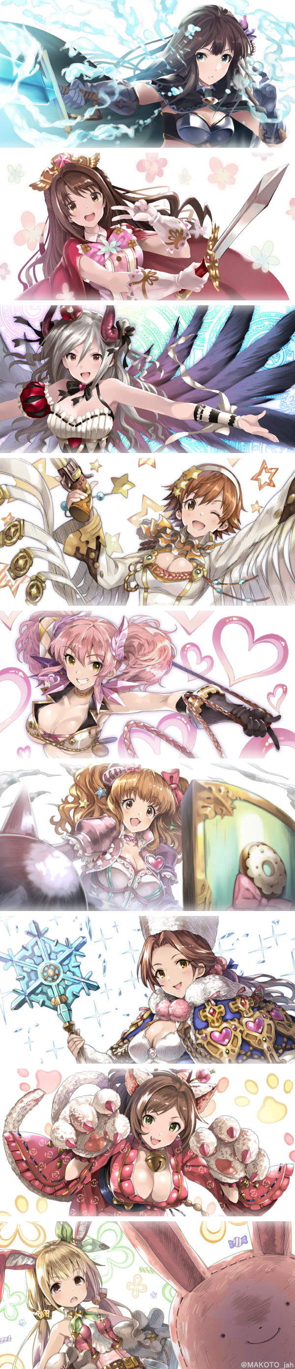 10s 6+girls absurdres animal_ears bare_shoulders blonde_hair breasts brown_hair rabbit_ears cape cat_ears cleavage drill_hair futaba_anzu granblue_fantasy green_eyes hair_ornament hat heart highres honda_mio idolmaster idolmaster_cinderella_girls jougasaki_mika kanzaki_ranko kawashima_mizuki large_breasts long_hair long_image maekawa_miku medium_breasts mizuki_makoto moroboshi_kirari multiple_girls open_mouth red_eyes shibuya_rin shield shimamura_uzuki short_hair silver_hair snowflakes staff sword tall_image twin_drills twintails weapon wings