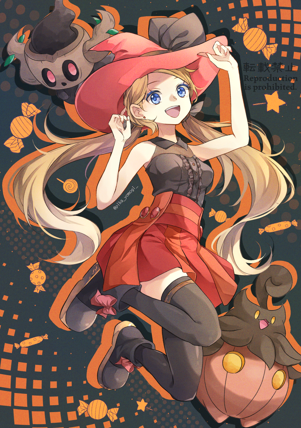 1girl :d black_shirt black_thighhighs blonde_hair blue_eyes creatures_(company) game_freak gen_6_pokemon halloween hat highres low_twintails nintendo open_mouth phantump pokemon pokemon_(creature) pokemon_xy pumpkaboo red_hat red_skirt serena_(pokemon) shirt skirt sleeveless sleeveless_shirt smile thighhighs twintails witch_hat yomogi_(black-elf)