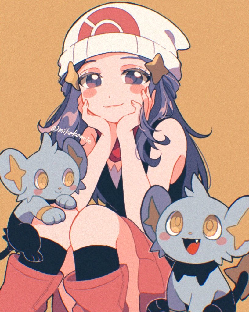 1girl animal_ears bare_shoulders beanie black_shirt black_socks blush blush_stickers boots commentary creatures_(company) dawn_(pokemon) fang game_freak gen_4_pokemon grey_eyes grey_hair hair_ornament hairclip hands_on_own_face hands_up hat head_rest knees_up long_hair looking_at_viewer mikakami1e nintendo orange_background pink_footwear pink_skirt pokemon pokemon_(creature) pokemon_dppt shinx shirt simple_background sitting skirt sleeveless sleeveless_shirt socks symbol-only_commentary twitter_username white_hat yellow_eyes