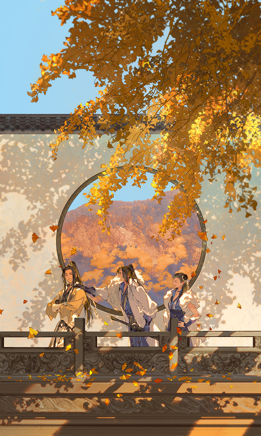 1girl 2boys autumn_leaves black_gloves black_hair blue_sky branch brown_hair chinese_clothes closed_eyes crossed_arms day falling_leaves gloves hand_on_another&#039;s_shoulder hand_on_own_hip high_ponytail highres ibuki_satsuki leaf long_hair long_sleeves looking_at_another multiple_boys original outdoors scenery sky tile_roof tree