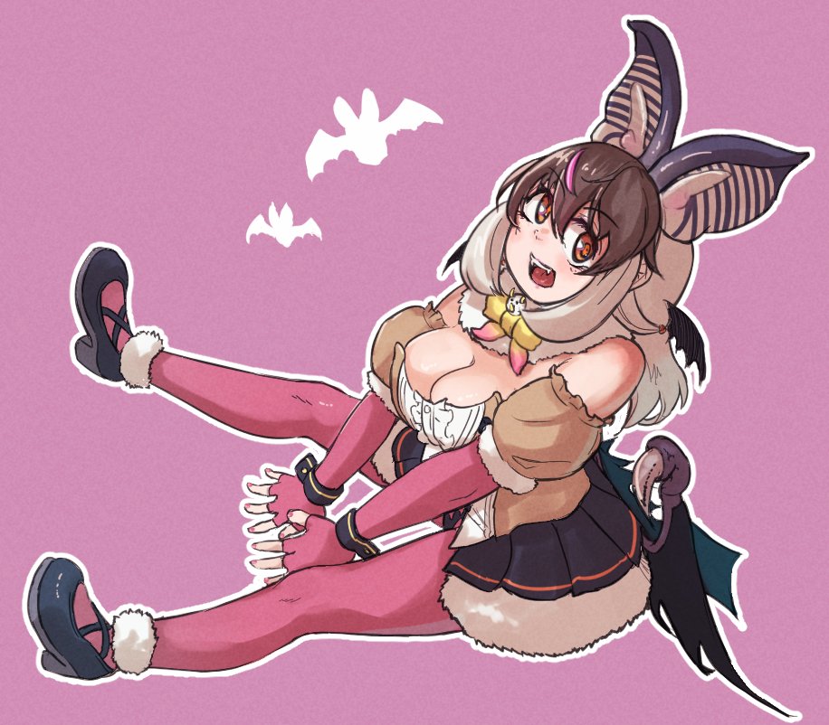 1girl animal_ears bare_shoulders bat_ears bat_girl bat_wings black_shoes black_skirt bow bowtie brown_hair brown_long-eared_bat_(kemono_friends) brown_shirt center_frills detached_sleeves elbow_gloves extra_ears fangs fingerless_gloves frills fur_collar fur_trim gloves hair_between_eyes kemono_friends kemono_friends_v_project long_hair looking_at_viewer nail_polish okyao open_mouth orange_eyes pantyhose pink_gloves pink_nails pink_pantyhose pleated_skirt puffy_short_sleeves puffy_sleeves purple_background shirt shoes short_sleeves sidelocks skirt smile solo two-tone_shirt white_fur white_hair white_shirt wings wrist_cuffs yellow_bow yellow_bowtie