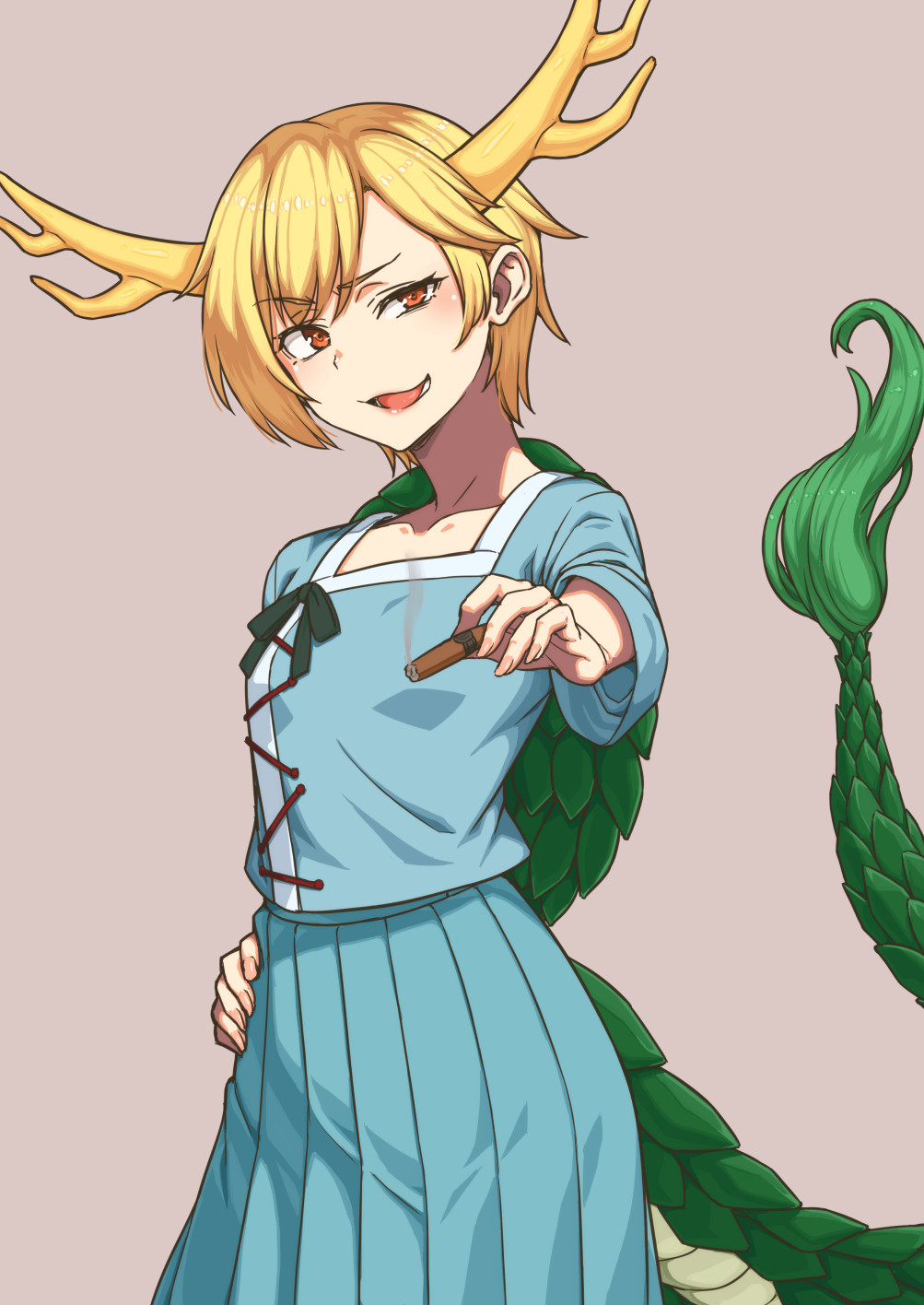 1girl antlers blonde_hair blue_shirt cigar dark_persona dragon_girl dragon_horns dragon_tail evil_eyes evil_grin evil_smile fur-tipped_tail green_scales green_tail grin highres holding holding_cigar horns kakone kicchou_yachie looking_at_viewer monster_girl open_mouth red_eyes scales shirt short_hair simple_background skirt smile smoke smoke_trail smoking solo square_neckline tail touhou turtle_shell yellow_horns