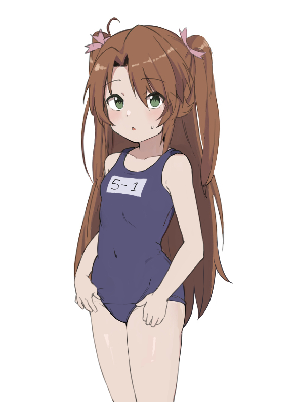 1girl blush brown_hair green_eyes kachobi_(user_atuh5854) koshigaya_komari long_hair non_non_biyori solo sweatdrop swimsuit white_background