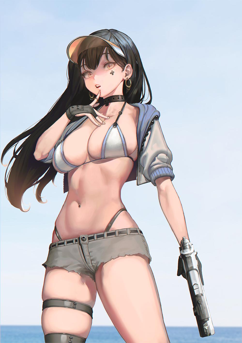 1girl bikini black_choker black_gloves black_hair blue_sky blush breasts brown_eyes choker cleavage collarbone cowboy_shot cropped_jacket day earrings facial_mark finger_to_mouth gloves gold grey_bikini grey_shorts groin gun highleg highleg_bikini highres holding holding_gun holding_weapon hoop_earrings ihobus jacket jewelry large_breasts long_hair navel ocean open_clothes open_jacket open_mouth original outdoors partially_fingerless_gloves short_shorts shorts sidelocks skindentation sky solo stomach swimsuit thigh_strap thighs visor_cap weapon white_bikini