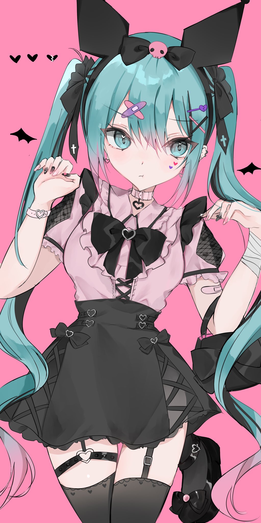 1girl aqua_eyes aqua_hair bandaid bandaid_hair_ornament black_skirt frills hair_ornament hatsune_miku heart highres long_hair pink_shirt shirt skirt thighhighs twintails vocaloid waimoniku