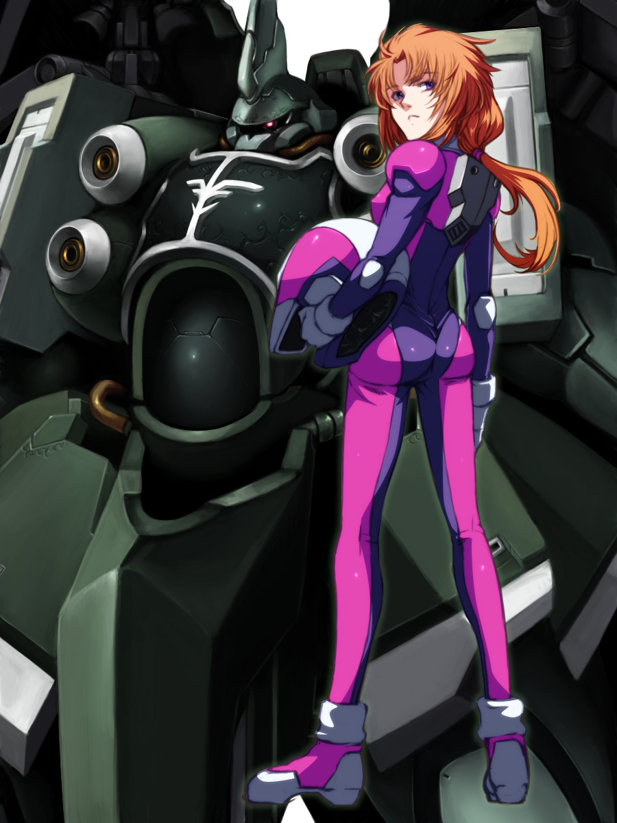 1girl ass bodysuit brown_hair female_focus from_behind gundam gundam_unicorn helmet highres kshatriya long_hair looking_at_viewer looking_back marida_cruz md5_mismatch mecha pilot_suit ponytail purple_eyes robot solo spacesuit tabigarasu