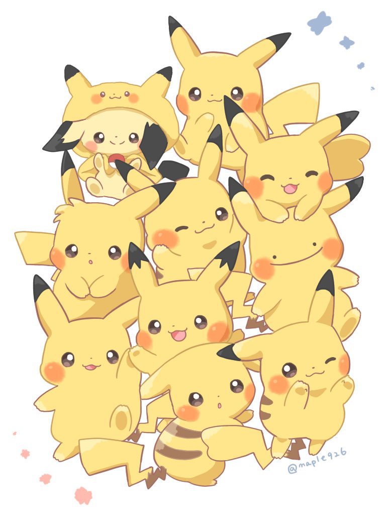 bright_pupils brown_eyes closed_mouth creatures_(company) ditto game_freak gen_1_pokemon gen_2_pokemon hat hood hoodie kana_(maple926) looking_at_viewer nintendo no_humans pichu pikachu pokemon pokemon_(creature) simple_background smile transformed_ditto twitter_username white_background white_pupils