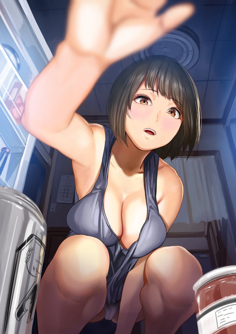 1girl armpits ass bare_shoulders beer_can black_hair blush breasts brown_eyes calendar_(object) cameltoe can ceiling cleavage commentary curtains drink_can foreshortening from_below from_front from_inside jar large_breasts looking_at_viewer open_mouth original panties reaching reaching_towards_viewer refrigerator short_hair sleeveless solo squatting tail tank_top teeth underwear urasuji_samurai white_panties