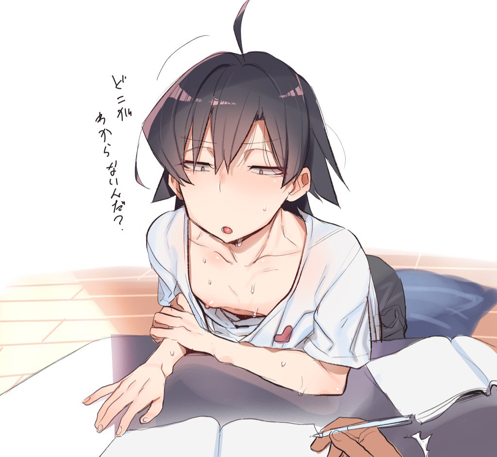 1boy ahoge black_eyes black_hair blush book cr-r hikigaya_hachiman male_focus nipples pen simple_background solo_focus sweat white_background yahari_ore_no_seishun_lovecome_wa_machigatteiru.