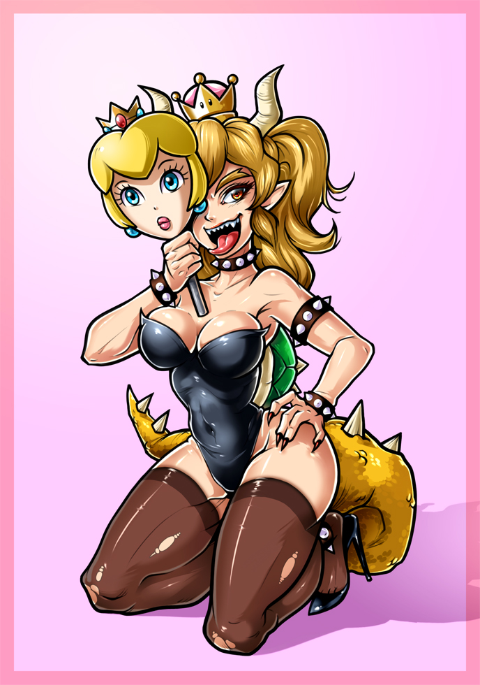 1girl armlet bare_shoulders blonde_hair blue_eyes bowsette bracelet breasts choker cleavage collar crown earrings hand_on_own_hip high_heels holding holding_sign horns jewelry kneeling large_breasts looking_to_the_side mario_(series) new_super_mario_bros._u_deluxe nintendo pinup_(style) pointy_ears ponytail princess princess_peach purrdemonium red_eyes shell sign smile spiked_armlet spiked_bracelet spiked_collar spiked_shell spikes super_crown super_mario_bros._1 tail thighhighs thighs tongue tongue_out torn_clothes torn_thighhighs