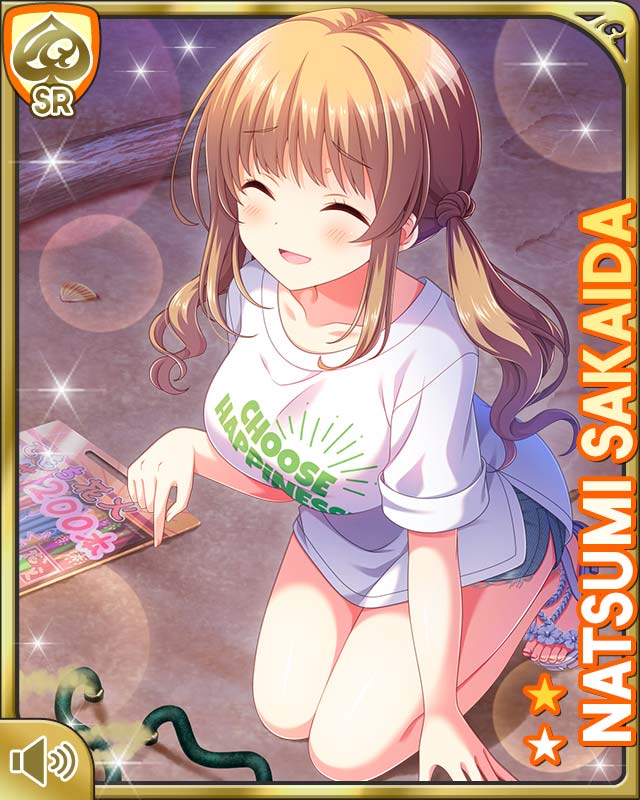 1girl :d beach breasts brown_hair brown_shorts card_(medium) character_name closed_eyes denim denim_shorts female_focus fireworks girlfriend_(kari) hair_ornament kneeling large_breasts long_hair looking_at_viewer night official_art open_mouth outdoors pink_scrunchie qp:flapper red_eyes sakaida_natsumi scrunchie shirt shorts smile solo sparkle white_shirt