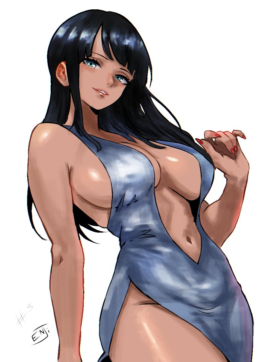 1girl alternate_costume artist_name bare_shoulders black_hair blue_eyes breasts center_opening cleavage commentary dress english_commentary enji_masterpie hand_up highres large_breasts long_hair looking_at_viewer nail_polish navel nico_robin one_piece parted_lips red_nails sideboob silver_dress smile solo