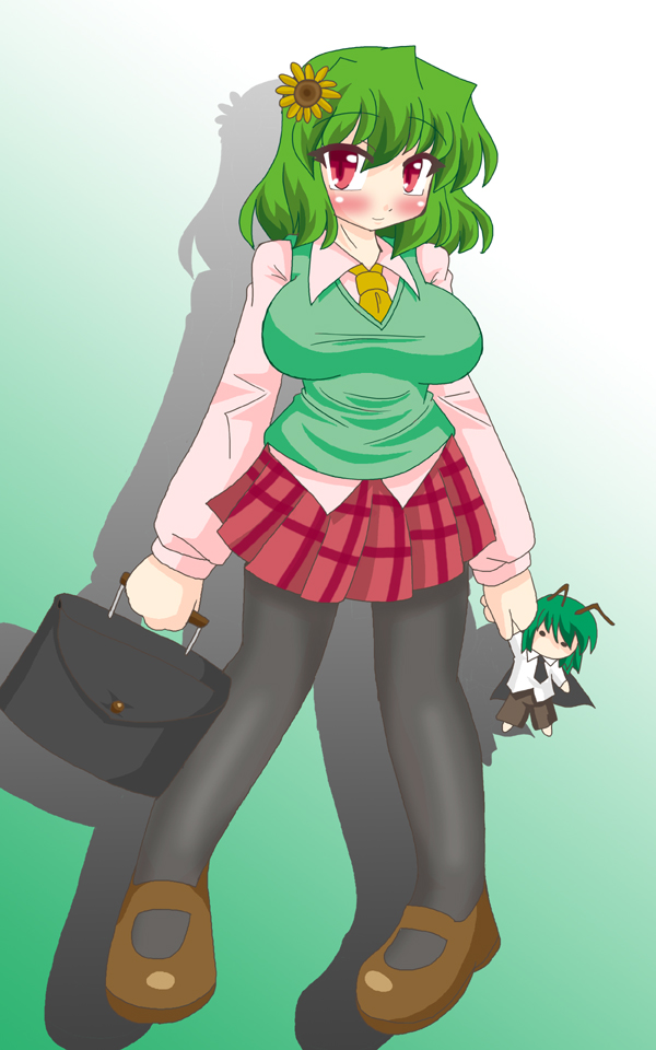 1girl adapted_costume akasode_(tyaramu) bag breasts female_focus flower full_body gradient_background green_background handbag huge_breasts kazami_yuuka pantyhose plaid_clothes plaid_skirt plant skirt solo thighhighs touhou white_background