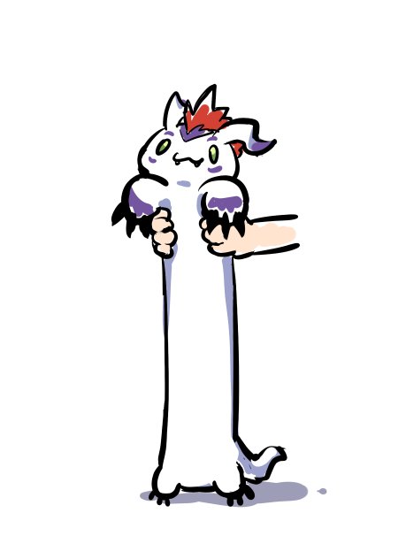 :3 body_fur digimon digimon_(creature) fangs full_body gomamon green_eyes holding longcat_(meme) meme mohawk red_hair simple_background solo_focus white_background white_fur youzaiyouzai112