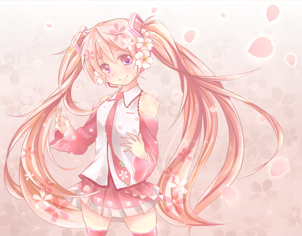 1girl alternate_color alternate_hair_color bad_id bad_pixiv_id bare_shoulders cherry_blossoms citron_(caramel-ice) detached_sleeves female_focus flower food fruit hair_flower hair_ornament hatsune_miku headset long_hair name_connection necktie object_namesake petals pink_eyes pink_hair sakura_miku shiroton skirt smile solo thighhighs twintails very_long_hair vocaloid zettai_ryouiki