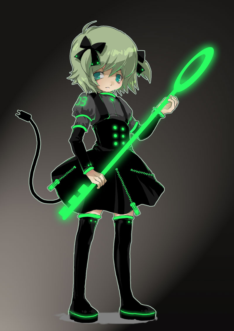 glowing green_eyes green_hair key original oversized_object solo soutatsu thighhighs zettai_ryouiki zipper