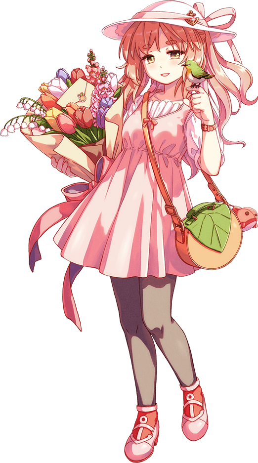 1girl acea4 animal animal_on_hand bag bird bird_on_hand blush bouquet brown_eyes brown_hair dress flower full_body grey_pantyhose hat holding holding_bouquet kantai_collection lily_of_the_valley long_hair official_alternate_costume official_art orange_flower pantyhose pink_dress pink_flower pink_footwear puffy_short_sleeves puffy_sleeves purple_flower purple_tulip red_flower shirt shoes short_sleeves shoulder_bag smile solo thick_eyebrows transparent_background tulip wavy_hair white_flower white_hat white_shirt yashiro_(kancolle)