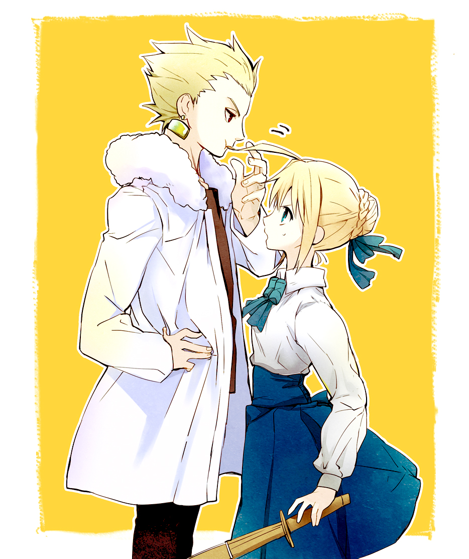 1boy 1girl ahoge artoria_pendragon_(all) artoria_pendragon_(fate) blonde_hair blue_eyes braid chewing coat dress earrings fate/stay_night fate_(series) gilgamesh_(fate) hair_bun height_difference jewelry mooche official_alternate_costume red_eyes saber_(fate) shinai single_hair_bun sword weapon