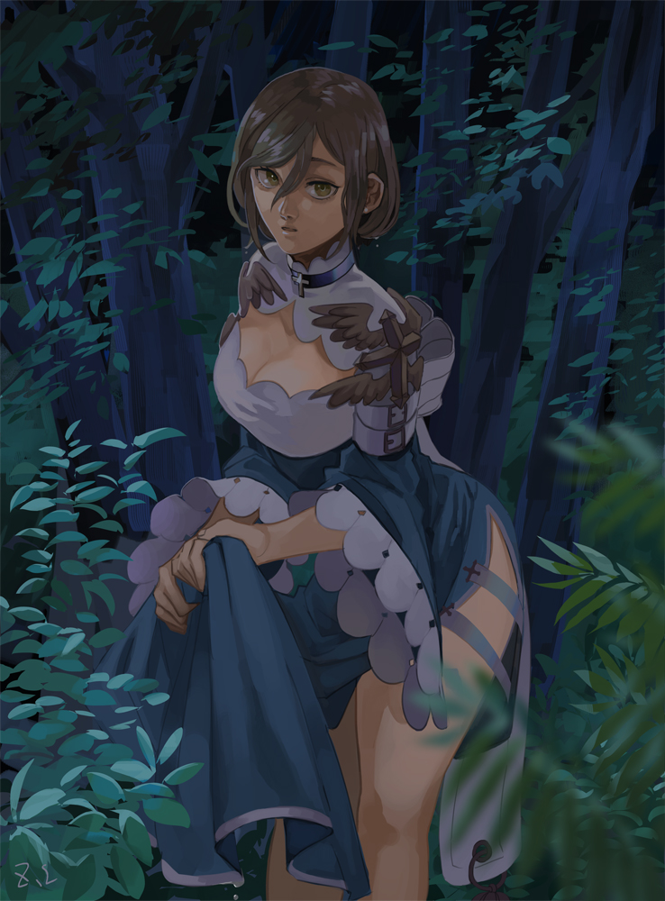 1girl arm_belt belt black_background black_choker blue_dress breasts brown_eyes brown_hair bush cardinal_(ragnarok_online) choker cleavage cleavage_cutout clothing_cutout commentary commentary_request dated_commentary dress fake_wings feet_out_of_frame frilled_sleeves frills golden_wings hair_between_eyes long_bangs long_sleeves looking_at_viewer medium_breasts open_mouth ragnarok_online short_hair side_slit signature skirt_hold solo standing tree two-tone_dress white_belt white_dress wings z.i