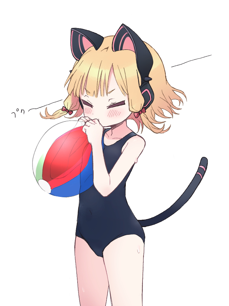 1girl animal_ear_headphones animal_ears ball beachball blonde_hair blowing blue_archive bow cat_ear_headphones cat_tail fake_animal_ears hair_bow halo headphones inflatable_toy momoi_(blue_archive) no_entity parted_bangs red_bow simple_background solo sweat swimsuit tail white_background