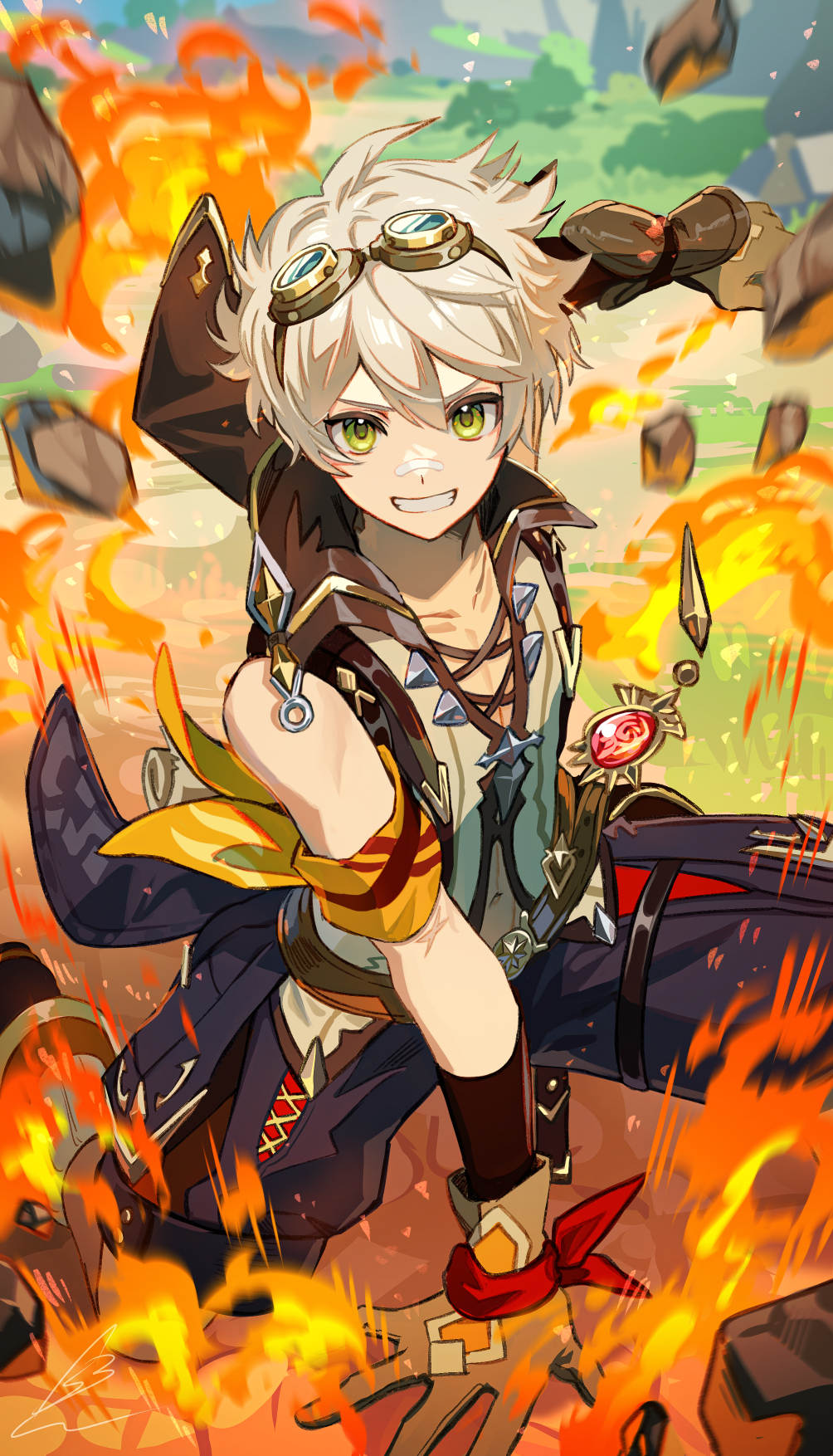 1boy arm_up armband bandaid bandaid_on_face bandaid_on_nose bare_shoulders bennett_(genshin_impact) blurry blurry_background clenched_hand day debris fire genshin_impact gloves goggles goggles_on_head green_eyes grey_hair grin hand_on_ground highres looking_at_viewer male_focus motion_blur outdoors pyro_symbol_(genshin_impact) scar scar_on_arm shibuki_kamone short_hair shorts smile solo vest vision_(genshin_impact)