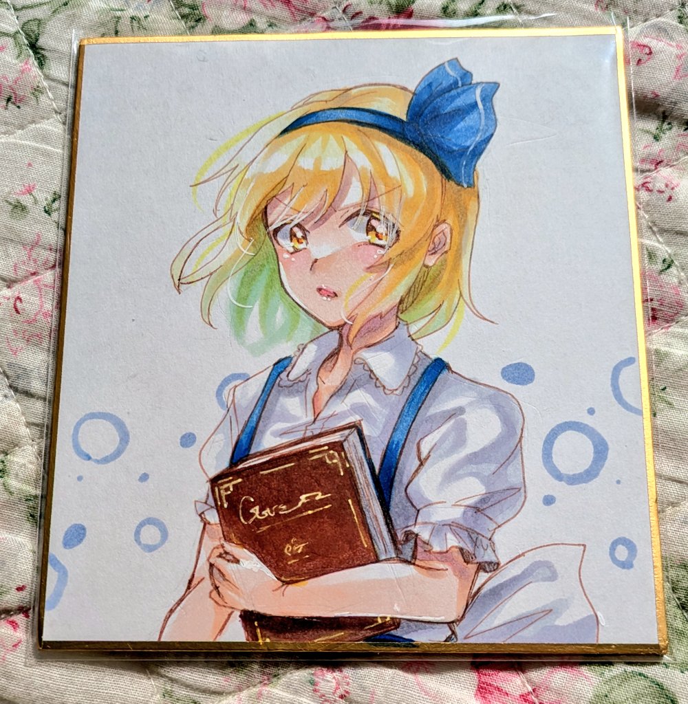 :o aged_down alice_margatroid alice_margatroid_(pc-98) back_bow blonde_hair blue_hairband blue_ribbon blue_skirt blue_suspenders book bow collared_shirt commentary_request danmaku frilled_shirt_collar frilled_sleeves frills hair_ribbon hairband holding holding_book looking_at_viewer okame_hana open_mouth puffy_short_sleeves puffy_sleeves ribbon shirt short_hair short_sleeves simple_background skirt suspender_skirt suspenders touhou touhou_(pc-98) traditional_media v-shaped_eyebrows waist_bow white_background white_bow white_shirt yellow_eyes