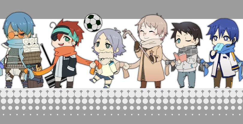 6+boys axis_powers_hetalia ball black_coat black_hair blue_eyes blue_hair brown_coat brown_hair character_request chibi coat copyright_request crossover eating food fubuki_shirou full_body green_eyes grey_hair holding holding_food holding_lead_pipe holding_popsicle honnomusi323 inazuma_eleven inazuma_eleven_(series) kaito_(vocaloid) kudou_jun lead_pipe looking_at_viewer male_focus multiple_boys popsicle red_hair russia_(hetalia) sayonara_zetsubou_sensei scarf short_hair soccer_ball vocaloid white_coat