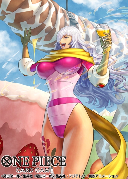 1girl blue_sky charlotte_smoothie commentary_request copyright_name cowboy_shot cup flower_tattoo giraffe gloves haru_(toyst) holding holding_cup leotard long_hair official_art one_piece one_piece_card_game open_mouth pink_leotard scarf sky smile tattoo wavy_hair white_hair white_lips yellow_scarf