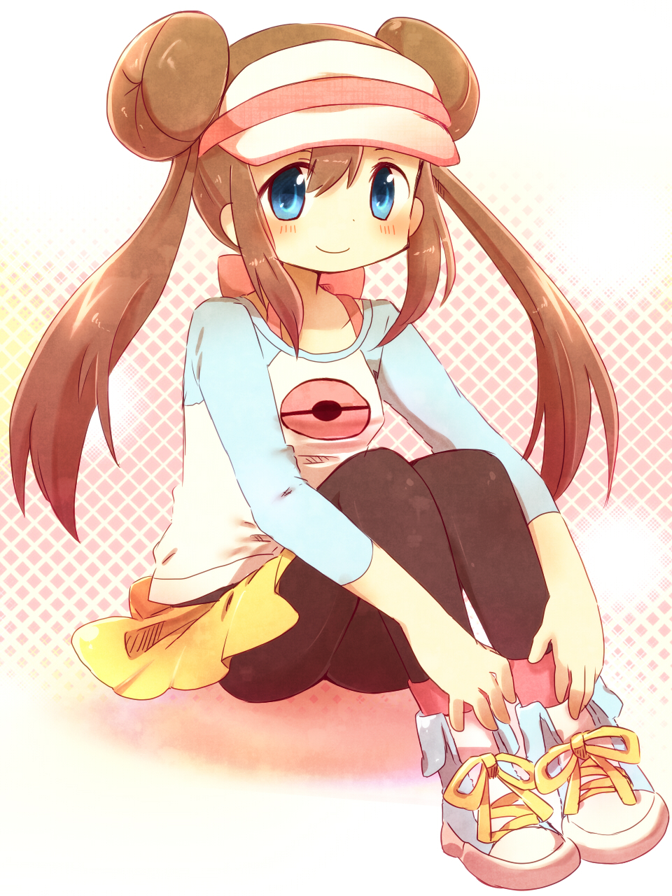 10s 1girl blue_eyes brown_hair creatures_(company) double_bun doughnut_hair_bun female_focus game_freak hair_bun highres kabuyou light_smile long_sleeves looking_at_viewer nintendo pantyhose pokemon pokemon_bw2 raglan_sleeves rosa_(pokemon) shoes sitting skirt sneakers solo twintails visor visor_cap yasai