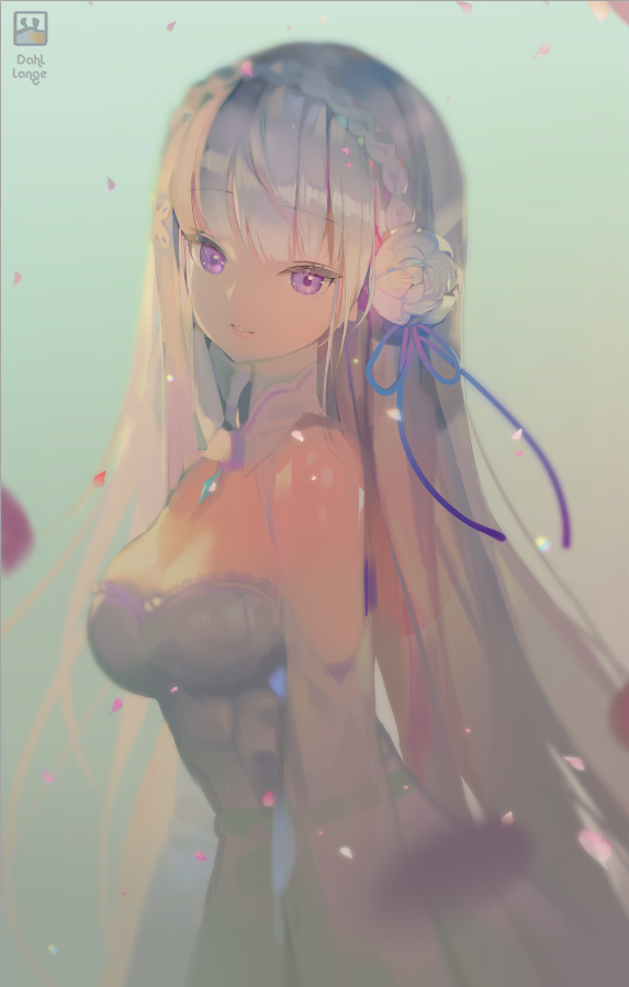 10s 1girl artist_name bad_id bad_pixiv_id blurry braid breasts crab_d crown_braid depth_of_field detached_sleeves dress emilia_(re:zero) female_focus flower from_side green_background hair_flower hair_ornament hair_ribbon light_smile long_hair looking_at_viewer medium_breasts parted_lips purple_eyes purple_ribbon re:zero_kara_hajimeru_isekai_seikatsu ribbon silver_hair simple_background solo upper_body watermark white_dress white_flower