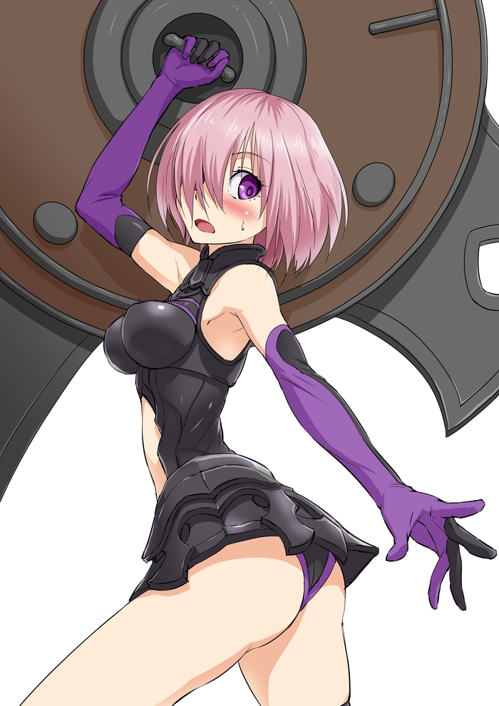 1girl armor armpits ass bare_shoulders blush breasts elbow_gloves fate/grand_order fate_(series) female_focus gloves hair_over_one_eye holding holding_shield mash_kyrielight open_mouth purple_gloves shield short_hair simple_background sjw_kazuya solo white_background