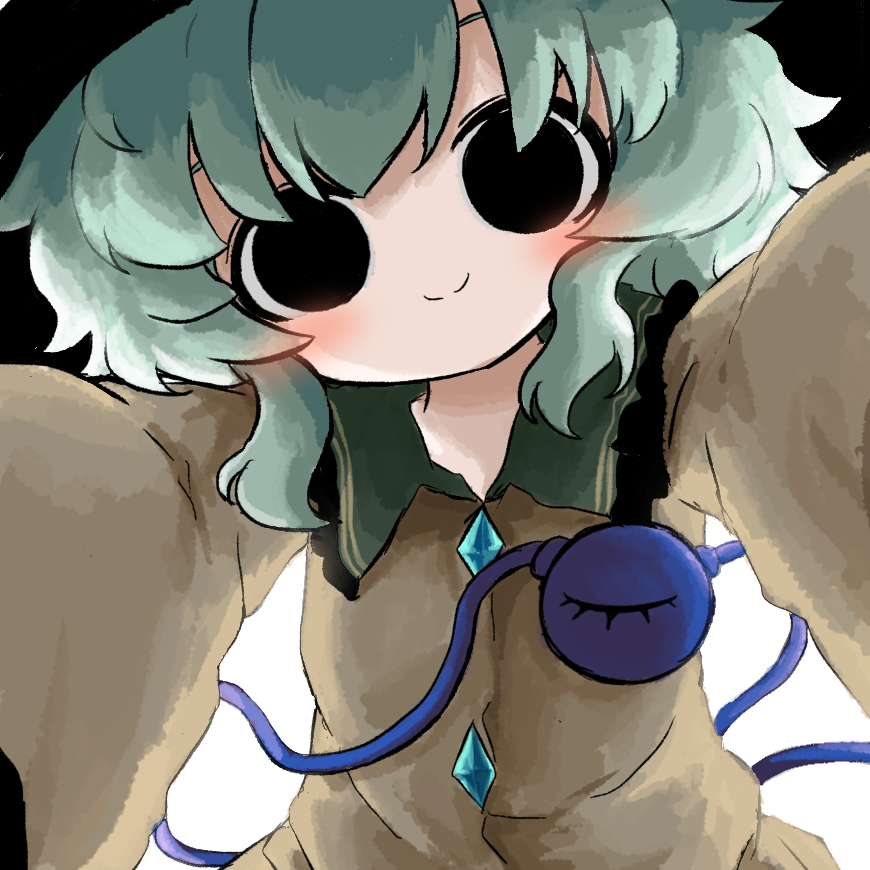 1girl black_eyes black_hat blouse blush buttons closed_mouth commentary_request diamond_button frilled_shirt_collar frills green_hair hat heripantomorrow incoming_hug komeiji_koishi long_sleeves looking_at_viewer medium_hair partial_commentary reaching reaching_towards_viewer shirt smile solo third_eye touhou upper_body yellow_shirt