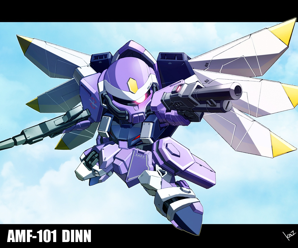 blue_sky character_name chibi cloud day dinn_(suikoden) dual_wielding gun gundam gundam_seed holding kaz_(kaz323) letterboxed machine_gun mecha no_humans robot shotgun signature sky solo weapon