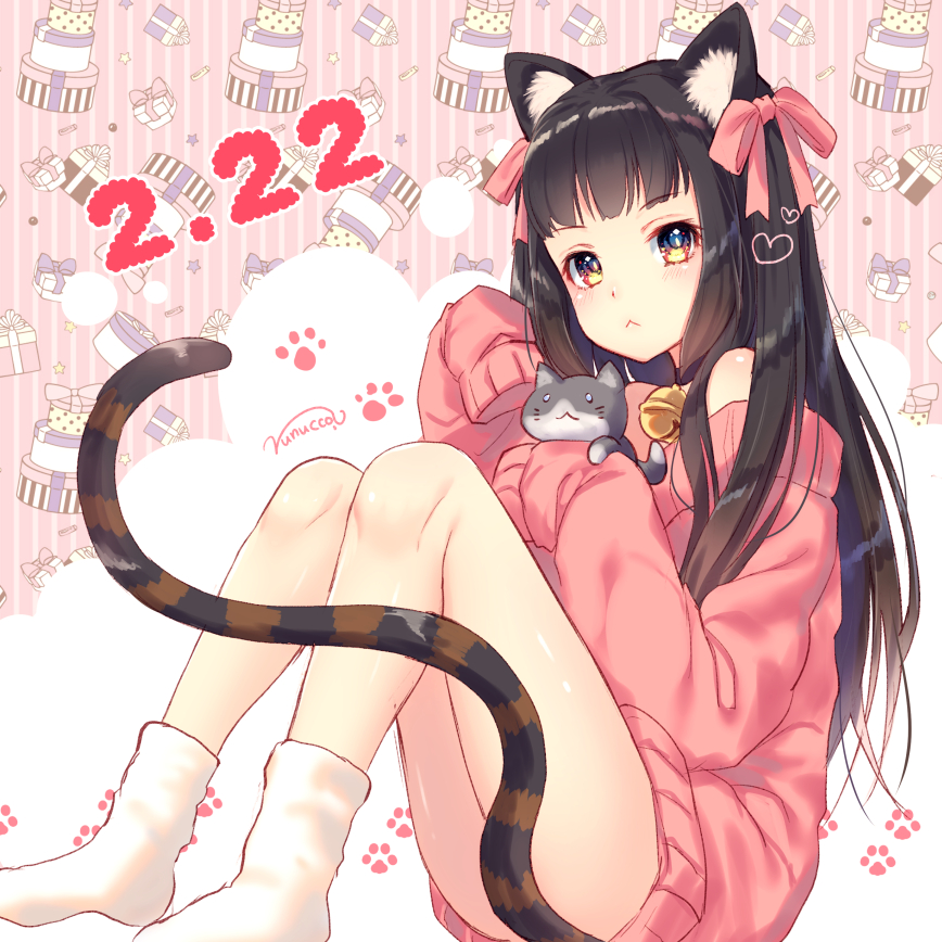 1girl :&lt; animal animal_ears bad_id bad_pixiv_id bare_shoulders bell blush bow brown_eyes brown_hair cat cat_ears cat_girl cat_tail closed_mouth female_focus hair_bow hair_ornament heart heart_hair_ornament jingle_bell long_hair long_sleeves looking_at_viewer no_shoes nunucco off_shoulder original pink_bow pink_sweater signature sitting sleeves_past_fingers sleeves_past_wrists socks solo striped_background striped_tail sweater tail tail_censor tail_raised vertical_stripes very_long_hair white_socks