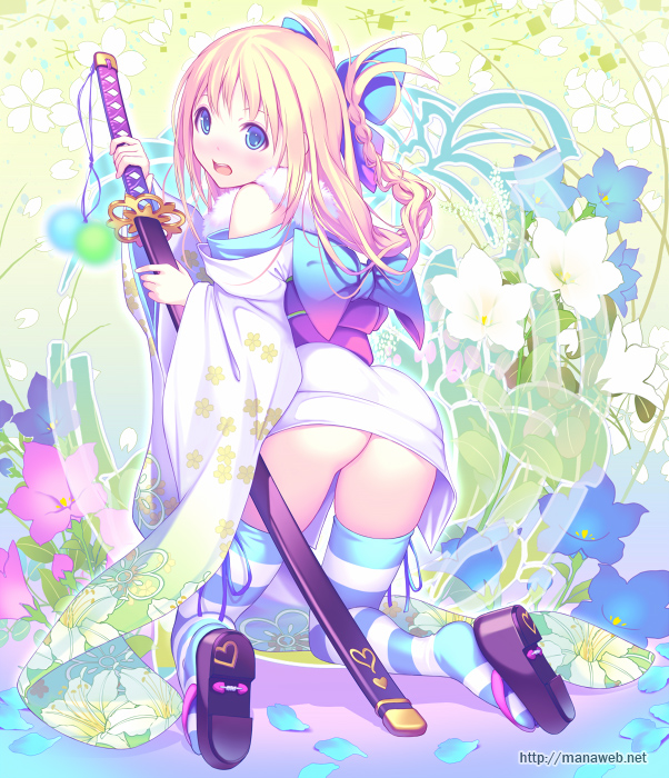 1girl ass bare_shoulders blonde_hair blue_eyes blush bow commentary_request female_focus floral_print flower hair_bow japanese_clothes katana kimono long_hair long_sleeves looking_at_viewer looking_back mana_kakkowarai no_panties obi off_shoulder open_mouth original sash solo striped_clothes striped_thighhighs sword thighhighs weapon wide_sleeves