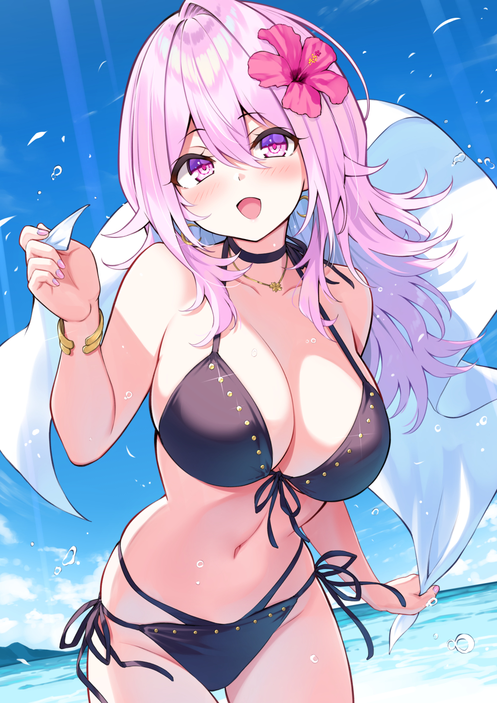 1girl :d bare_shoulders beach bikini black_bikini black_choker blue_sky blush bracelet breasts choker cloud cu-no day flower hair_between_eyes hair_flower hair_ornament hand_up happy highres hisen_kaede holding holding_towel jewelry large_breasts long_bangs long_hair looking_at_viewer navel necklace open_mouth outdoors pink_flower pink_hair pink_nails purple_eyes side-tie_bikini_bottom sidelocks sky smile solo standing straight_hair swimsuit towel water yayoi_sakura