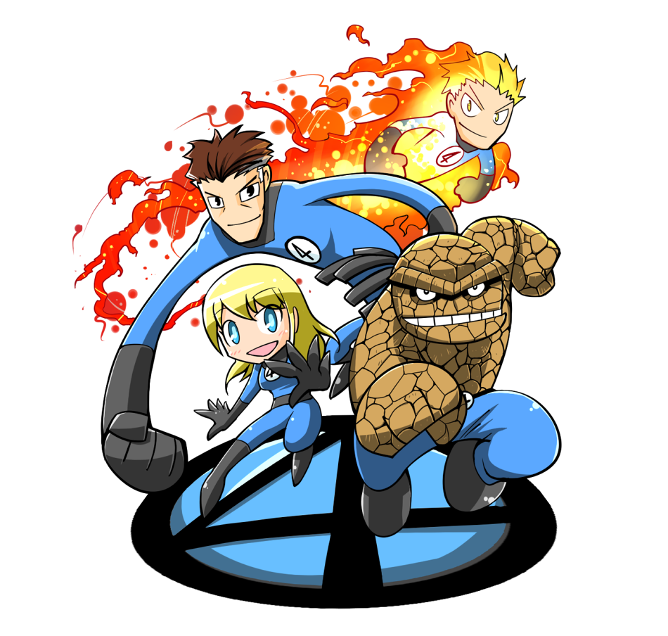 1girl 3boys animification ben_grimm black_hair blonde_hair blue_eyes brother_and_sister fantastic_four fire johnny_storm marvel multiple_boys rariatto_(ganguri) reed_richards rubber siblings stretching sue_storm susan_storm